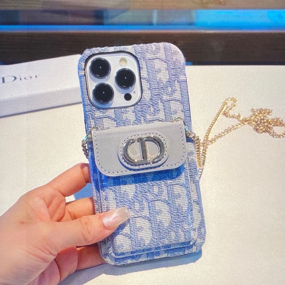 Dior Light Blue Monogram Phone Case with Card Pocket & Gold Chain Strap